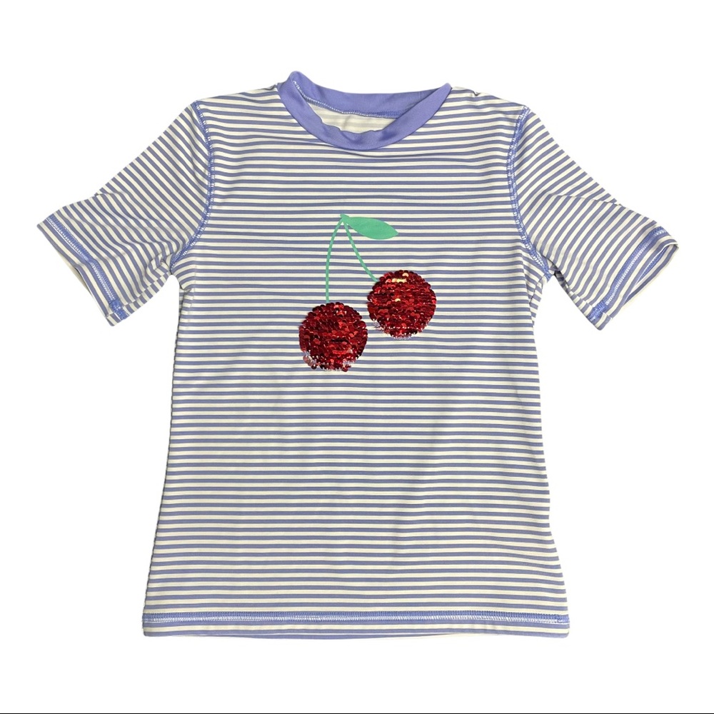 Cat & Jack Girls Cherry Flip Sequin Striped Rash Guard Size 6 Short Sleeve